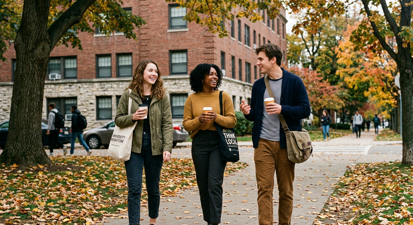 A group of students walking together across a campus
