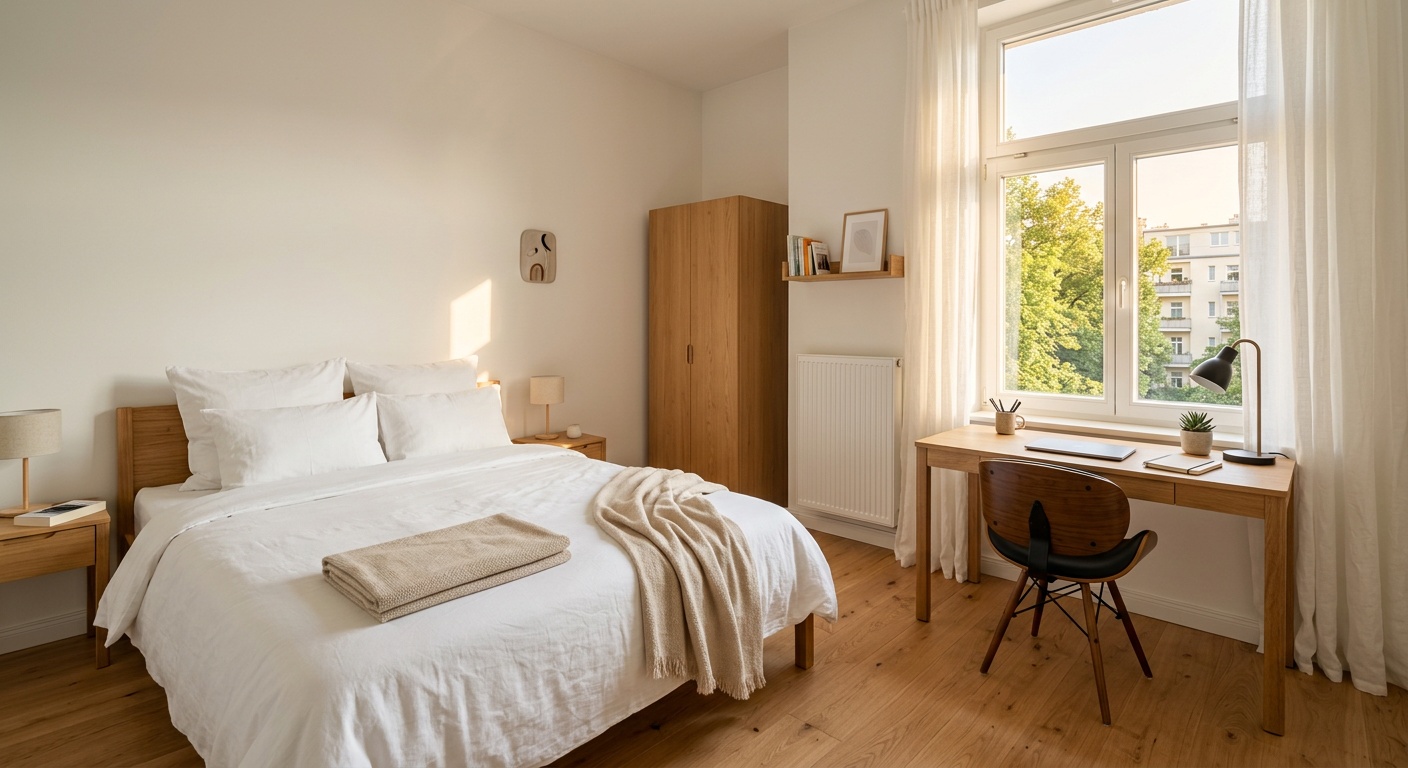 A furnished student apartment bedroom