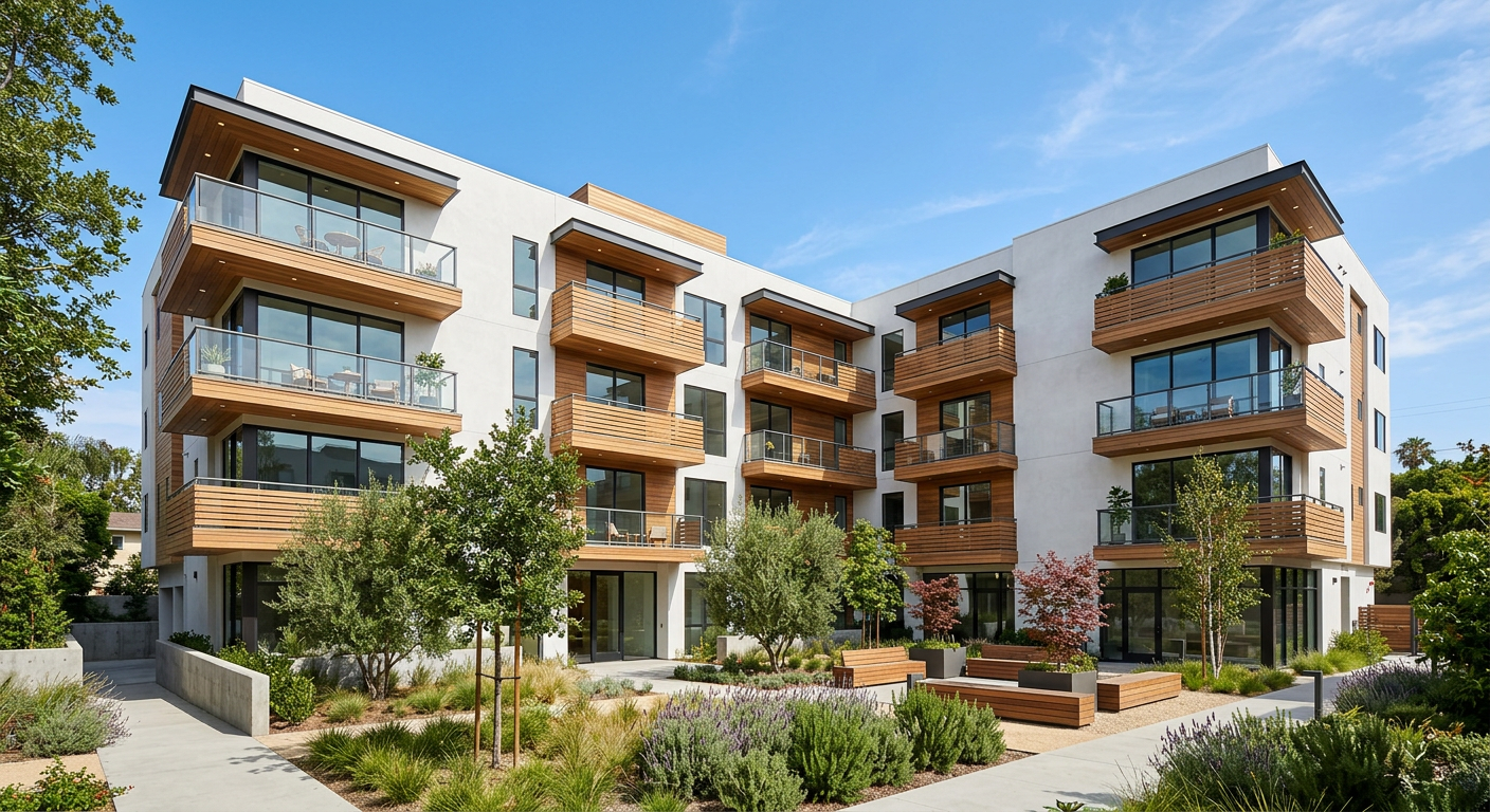 Sample four-story apartment building with courtyard