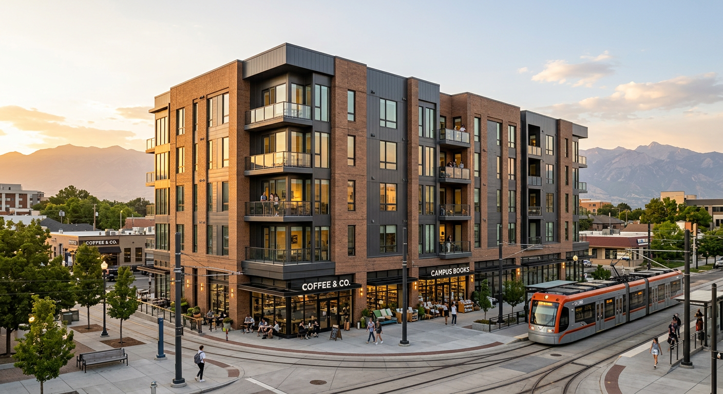 Illustration of a mid-rise student apartment building